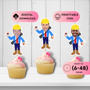 May include: Three printable cupcake toppers featuring cartoon construction workers with different skin tones. Each topper has a yellow hard hat, blue shirt, red tie, and is holding a small house and blueprints. The text "DIGITAL DOWNLOAD" and "PRINTABLE ITEM" are visible in pink boxes at the top of the image. The text "READY IN (6-48) HOURS" is visible in a pink circle with a clock icon.