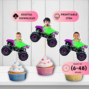 Fioletowe spersonalizowane Monster Truck Head Cupcake Toppers, impreza wyścigowa, dekoracje urodzinowe ze zdjęciami samochodów, naklejka Off-Road, drukowane neonowe zielone naklejki