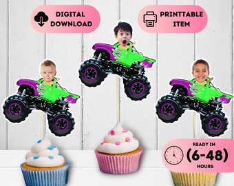 Purple Custom Monster Truck Head Cupcake Toppers,Racing Party Themed,Cars Photo Birthday Decor,Off -Road Decal,Printable Neon Green Stickers