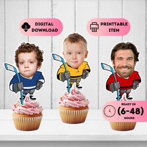 Custom Hockey Cupcake Topper,Ice Hockey Face Toppers,Ice Skate Cake Decal,The Great One Boy Sport,Puck Birthday Decor,Sports Party Theme