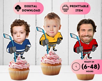 Custom Hockey Cupcake Topper,Ice Hockey Face Toppers,Ice Skate Cake Decal,The Great One Boy Sport,Puck Birthday Decor,Sports Party Theme