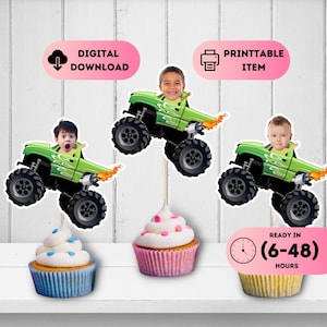 Zielone Monster Truck Head Toppers, Impreza z motywem zdjęć wyścigowych, Wydrukowalne dekoracje urodzinowe Off-Road, Niestandardowe prezenty dla chłopców, Naklejki Big One Green