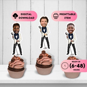 Vocalist Face Cake Toppers,Musician Cupcake Decal,Performer Photo Party Theme,Harmonist Custom Birthday Decor,Printable Singer Head Favors