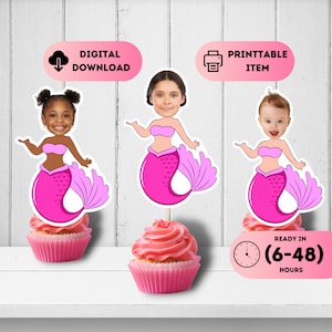 Mermaid Face Toppers Photo,Mermaid Cupcake Toppers,Cupcake Toppers Birthday,Kids Decor Your Face,Girls Face Toppers, Girls Face Toppers