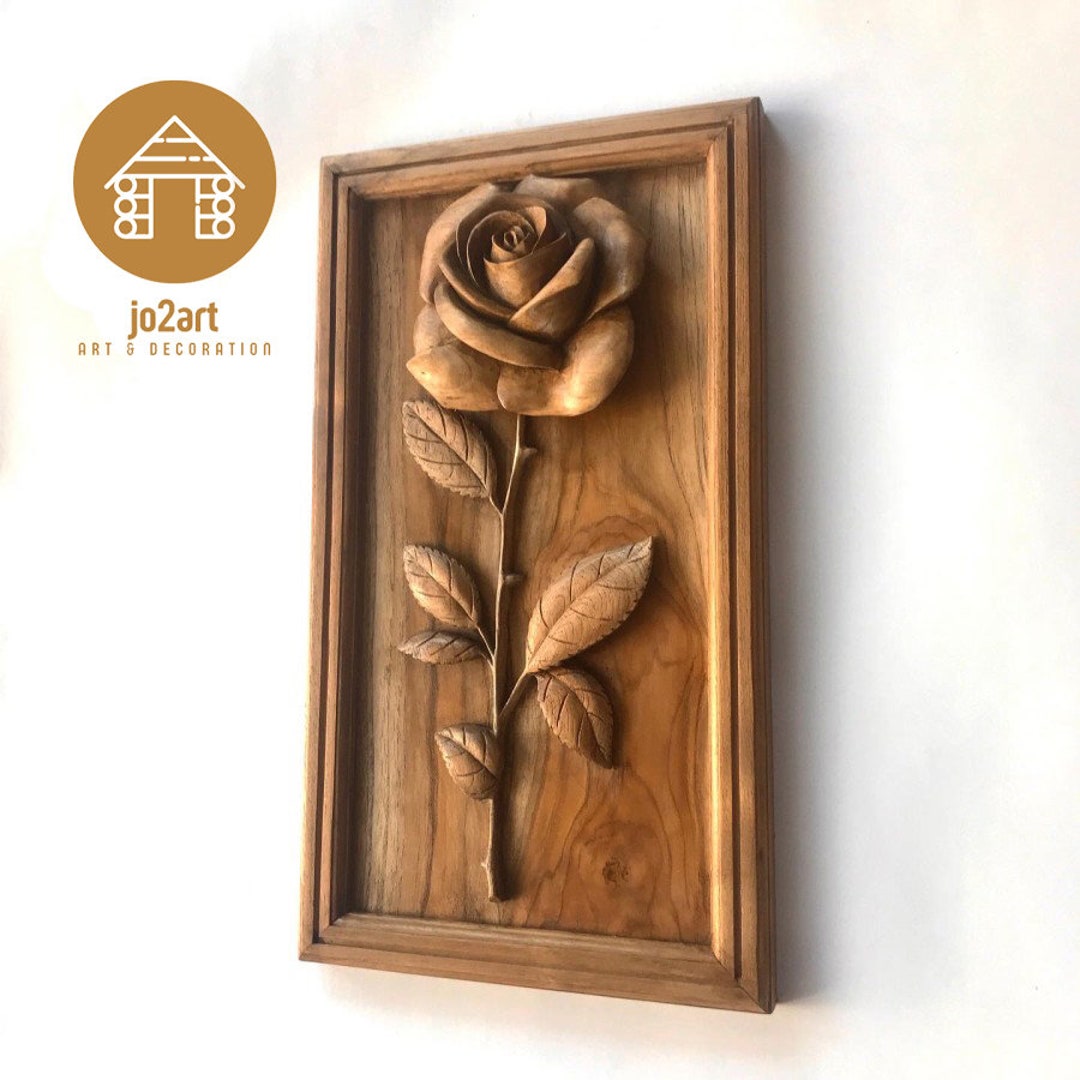 Teak Wood Wall Art Rose Flower Pattern Panel Wooden Carved Etsy