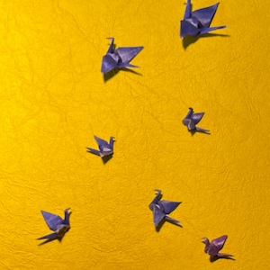 May include: A collection of origami cranes in various sizes and poses, crafted from blue paper. The cranes are arranged on a textured, golden-yellow surface, creating a visually appealing display. The paper birds are a symbol of peace and longevity.