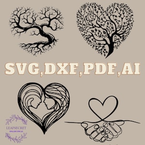 May include: Four black and white vector illustrations of trees in the shape of hearts. The text "SVG, DXF, PDF, AI" is written in a light brown font below the images. The text "LEAFSECRET SVG, DXF, PDF, AI" is written in a purple font in a circle at the bottom left of the image.
