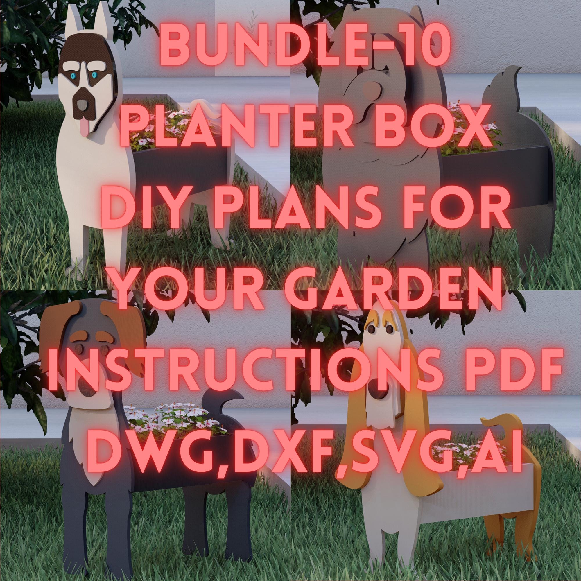 Bundle-10 Whimsical Animal-themed Planter Boxes: Scroll Saw Patterns and Dxf,Dwg,Svg,Ai files for Indoor and Garden Use,pet planter,animals