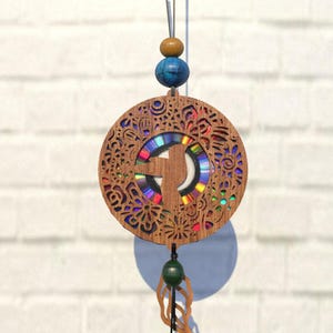 Pássaro em uma gaiola dourada Suncatcher Svg, modelo de estêncil, papelão refletivo, DVDs reaproveitados, CD, arquivo de corte a laser, modelo CNC, SVG, PDF, DXF, S85