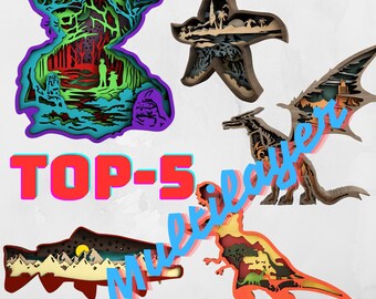 Topp-5 laserskurna djurfiler med flera lager, Yoda, drake, dinosaurie (SVG DXF PDF)