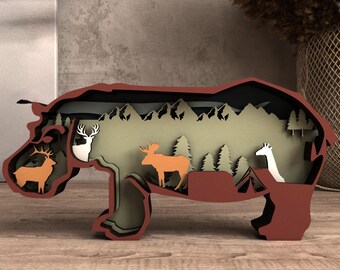 Upplyst flodhäst i 3D-trä, laserskurna filer (svg, dxf, pdf, ai)