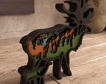 3D-hjort med rådjur laserskurna filer: Flerskiktade SVG, DWG, AI (digital nedladdning)