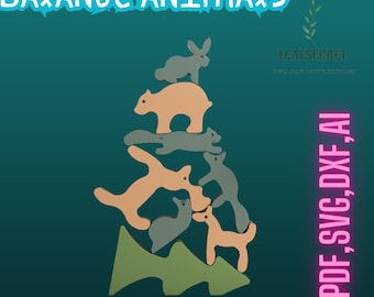 Tiere balancieren Holzpuzzle: Tierskulptur aus Holz (SVG, DXF, PDF)