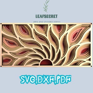 May include: A layered wooden wall art design with a sunburst pattern in shades of brown, pink, and red. The design is intricate and detailed, with multiple layers of wood creating a 3D effect. The text "SVG, DXF, PDF" is visible at the bottom of the image.