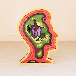 Può includere: Una scultura in legno di una testa umana con un design a strati. L'interno della testa è ritagliato per rivelare una scena di foresta verde con una famiglia di tre persone che cammina tra gli alberi.
