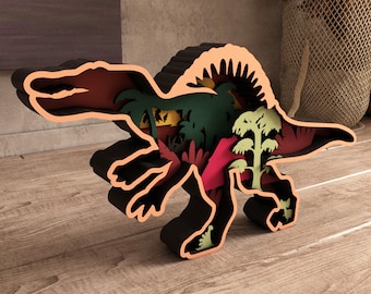 Trä Spinosaurus drake flerskiktad Lightburn SVG, Dxf SVG, Dxf, Trä Mandala Väggkonst, Lager, Flerskiktsstycke för Glowforge, 9 Lager (Y76)