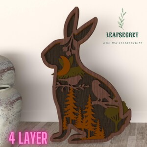 Lapin 3D multicouche, animal, 4 couches, Svg Lightburn, fichiers numériques découpés au laser Art de loup multicouche, Glowforge SVG, DXF, Mandala (L9)