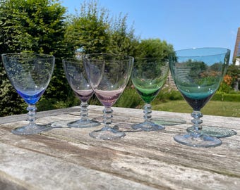5 colored crystal wine glasses with twisted stem