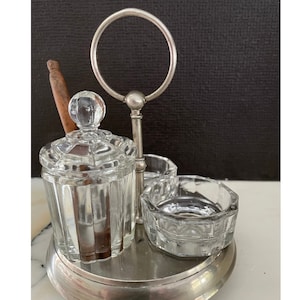 Flint glass condiment set with metal caddy