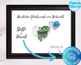 Geldgeschenk Hochzeit Tandem, PDF Din-A4 Download zum drucken Bilderrahmen, lustige Karte, Hochzeitskarte, Geldscheine Verpackung Fahrrad