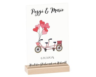 Personalized wedding gift made of acrylic with wooden stand, money gift tandem banknotes packaging bike, wedding gift newlyweds