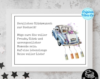 Geldgeschenk Hochzeit Auto, PDF Din-A4 Download zum drucken Bilderrahmen, lustige Karte, Hochzeitskarte, Geldscheine Verpackung Just married