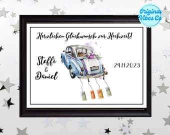 Geldgeschenk Hochzeit Auto, PDF Din-A4 Download zum drucken Bilderrahmen, lustige Karte, Hochzeitskarte, Geldscheine Verpackung Just married