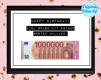 Geldcadeau verjaardag, eerste miljoen, PDF-download om Din A4 af te drukken, officieel retro, grappige kaart, poster verjaardagskaart geld
