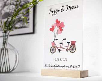 Personalized wedding gift made of acrylic with wooden stand, money gift tandem banknotes packaging bike, wedding gift newlyweds