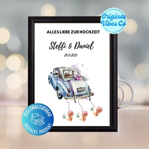 Geldgeschenk Hochzeit Auto Just Married, PDF A4 A5 Download Vorlage Drucken, Bilderrahmen Karte, Hochzeitskarte, Geldscheine Verpackung