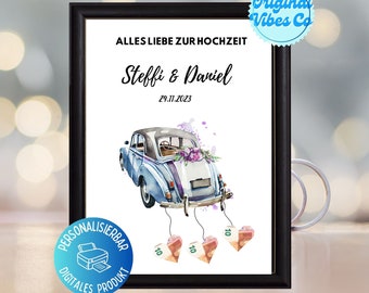 Money gift wedding car Just Married, PDF A4 A5 download template print, picture frame card, wedding card, banknotes packaging