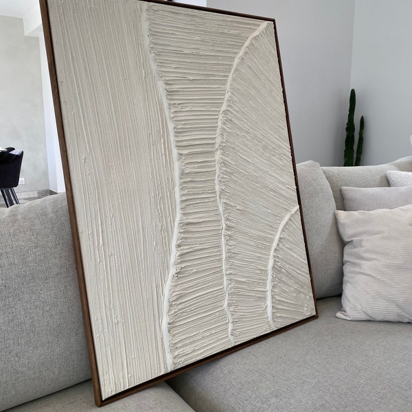 Grand tableau minimaliste abstrait nordique en plâtre peinture 3D blanche et beige pour décoration salon épuré et contemporain