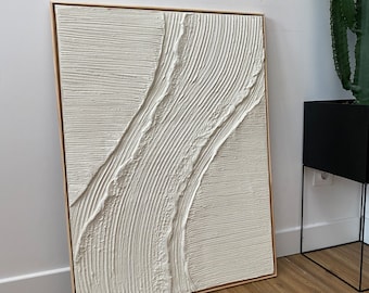Large contemporary Nordic abstract painting in white and beige 3D plaster paint for a refined and minimalist living room decoration.