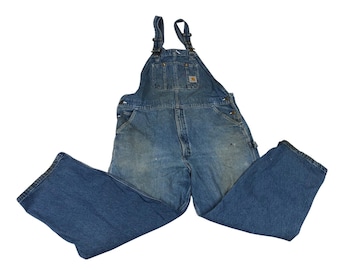Carhartt Mens Blue Denim Bib Overalls 42x30 Distressed Workwear Dungarees R07DST