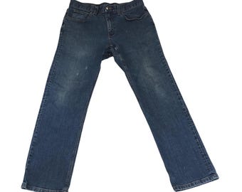 Pantalones vaqueros Flex Weekender de Duluth Trading Co para hombre, talla 34x30, lavado oscuro, azul, corte estándar.