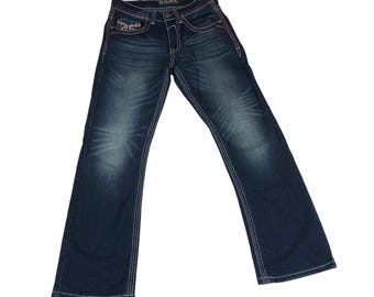 Pantalones vaqueros de hombre CJ Black Bootcut, de mezclilla azul, con costuras en contraste y bordados, talla 28x30, estilo skater.