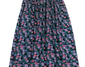 Falda midi plisada con estampado floral de pensamientos estilo vintage de los 90 de Leslie Fay, color morado, rosa y verde azulado, talla 8.