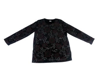 Salon Studio Haband, talla M, color negro, estampado floral, manga larga y cuello redondo, para mujer, fabricado en EE. UU.