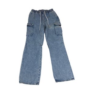 Damen Medium Wash Cargo-Denim Hose Elastischer Kordelzug Taille Weites Bein Größe M