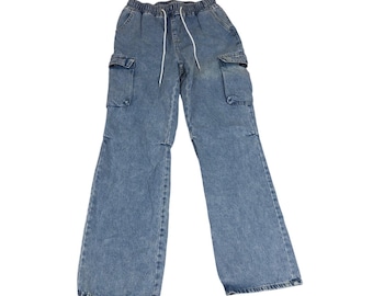 Pantalones cargo vaqueros de mezclilla para mujer, lavado medio, cintura elástica con cordón, pierna ancha, talla M.