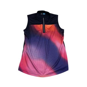 Polo da golf senza maniche da donna PGA Tour taglia XL con cerniera a un quarto, blu navy, arancione e rosa sfumato