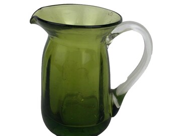 Pilgrim Glass Pitcher Hand Blown Mini 3.5 in. Olive Avocado Green Clear Handle
