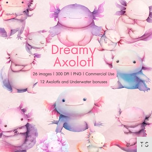 Dreamy Axolotl Clipart PNG | Cute Watercolor Axolotls & Underwater Elements | Kawaii Animal Stickers | Commercial Use | 300 DPI