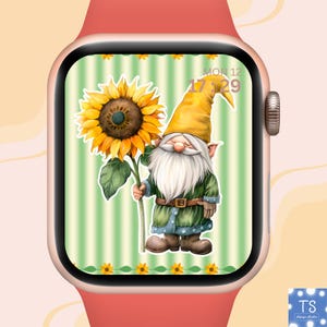 Gnome Apple Watch Wallpaper PNG – Gnome with Sunflower, Cute Affirmation Watch Face for Apple Watch Digital Download