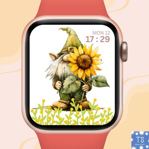 Gnome Apple Watch Wallpaper PNG – Gnome with Sunflower, Cute Affirmation Watch Face for Apple Watch Digital Download