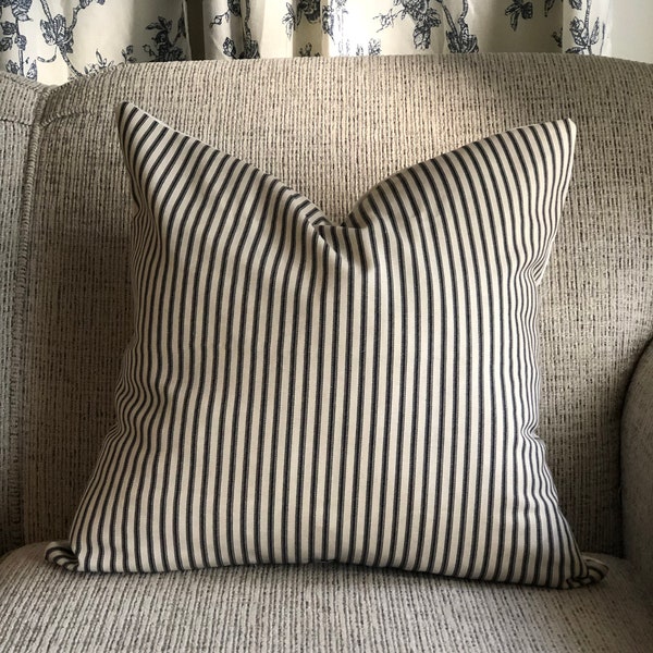 Black and Cream Striped Pillow Cover with Zipper || Spring pillow cover || Ticking Stripe Fabric || 16x16 18x18 20x20 12x20 ||