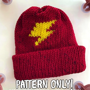 May include: A red knitted beanie featuring a yellow lightning bolt design. The hat has a folded brim and is made with textured yarn. Text on the image reads "PATTERN ONLY! FOR 46-48 PIN CIRCULAR KNITTING MACHINES."