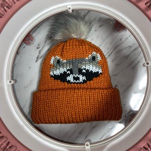 May include: An orange knitted hat with a raccoon face design and a fluffy white pom pom on top.