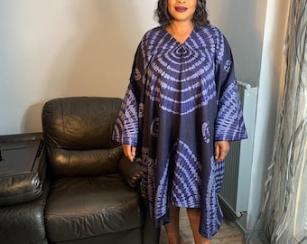 Blue Gray Linen Dress Boubou Batik Tye and Dye Adire