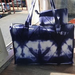 Grand Sac Matelassé En Lin Bleu Indigo Pour Femme 100% Lin